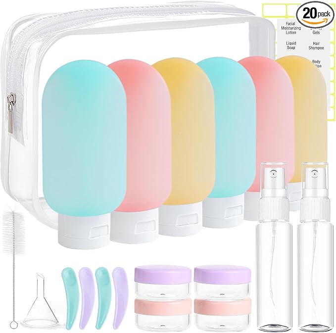 DEWSENSI 20 Pack Travel Bottles for Toiletries, Travel Size Containers Kit | TSA Approved, Leak Proof, Plastic, Refillable Travel Accessories for Shampoo Conditioner Lotion Liquids by DEWSENSI