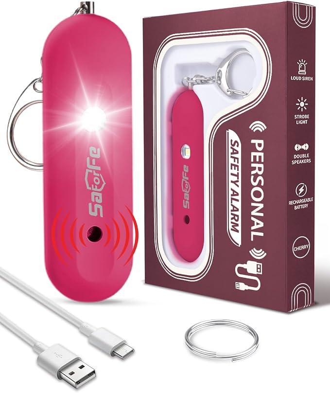 Personal Safety Alarm for Women - Waterproof Rechargeable Security Alarm - 140dB Extra Loud Siren with SOS Strobe Light - Self Defense Keychain for Women Girls Teens Seniors(Cherry) by Unknown