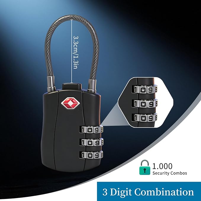 BLOSSOM TSA Approved Luggage Lock with Flexible Steel Cable 3-Dial Combination Padlock for Suitcases, Backpacks & Bags Keyless Travel Lock with Cut-Resistant Cable & Zinc Alloy Body (4 Pack) (4) - Image 4
