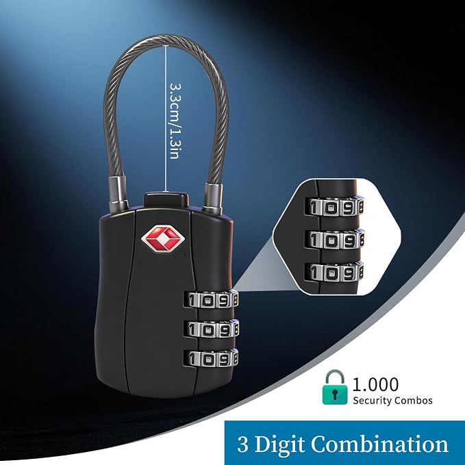 BLOSSOM TSA Approved Luggage Lock with Flexible Steel Cable - 3-Dial Combination Padlock for Suitcases, Backpacks & Bags - Keyless Travel Lock with Cut-Resistant Cable & Zinc Alloy Body (2 Pack) (2) - Image 4