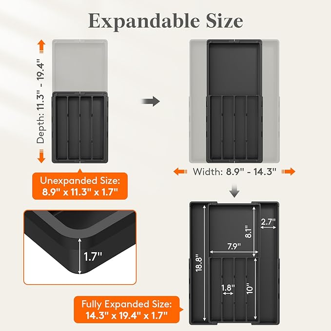 Lifewit Expandable Silverware Drawer Organizer, Utensil Tray for Kitchen | BPA Free Flatware Cutlery Holder, Adjustable Plastic Storage Spoons Forks Knives, 8.9-14.3 x 11.3-19.4 x 1.7", Black - Image 2