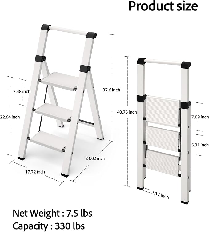 Taranta 3 Step Ladder,Lightweight Aluminum Step Stool Foldable -White | Folding Ladder with Handgrip,Wide Top Pedal,330lbs Capacity for Home,Office,Kitchen - Image 6