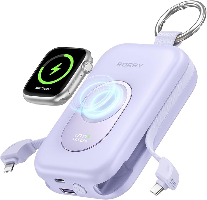 RORRY CharmGo Portable Charger, 20000mAh PD 30W Portable Charger Power Bank | Built-in Cables, Fast Charging Keychain Portable Battery Pack, Travel Essentials for iPhone, Apple Watch, iPad by RORRY