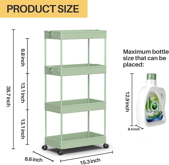 SPACEKEEPER 4 Tier Rolling Cart, Bathroom Cart Organizer with Wheels, Green | Mobile Storage Cart for Laundry Room Organization,Kitchen,Office,Bathroom, Utility Cart for Snack,Craft,Art,Makeup,Nail,Toys - Image 4