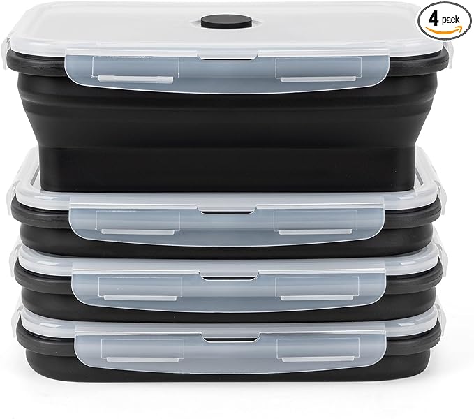Collapsible Silicone Food Storage Containers Set with Lid & Air Vent,Foldable Lunch Containers(4PCS,Black,40oz) by SiliseaDirect