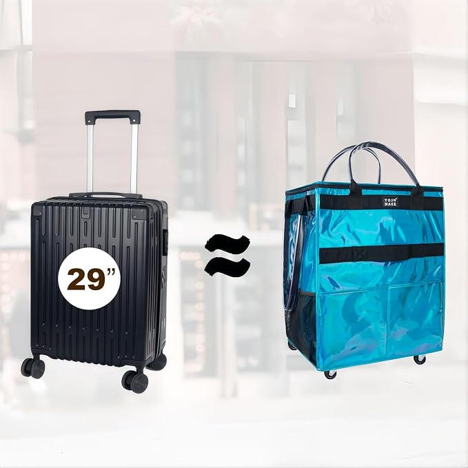 Reusable Grocery Bag with Wheels, Large Glitter Blue Rolling Tote | 8 Pockets, Zipper Cover, Foldable for Women, Kitchen, Travel, Carries Up to 76LBS - Image 3