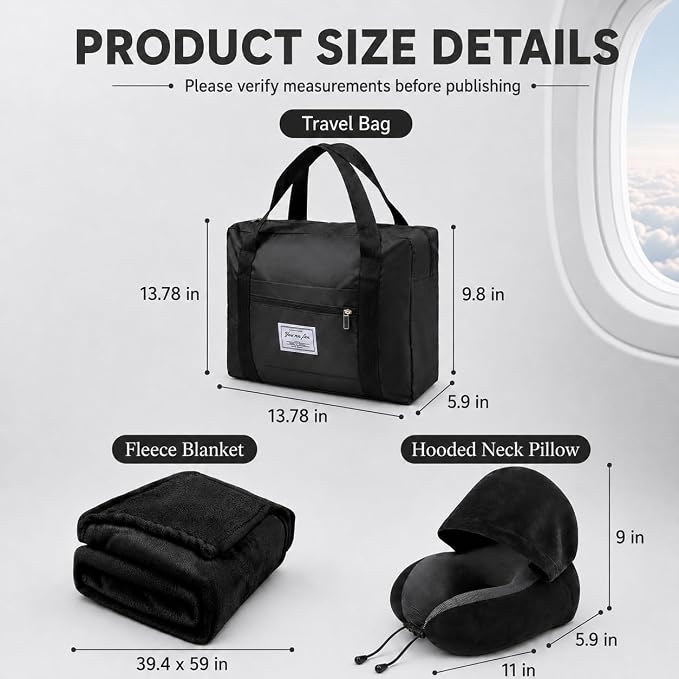 Travel Blanket and Pillow Set - Hooded Neck Pillow Airplane Essential Black | Memory Foam, Sleep Mask, Earplugs, Foldable Duffel Bag Soft Comfort for Long Plane Flight Traveling Car Road Trip Flying - Image 2