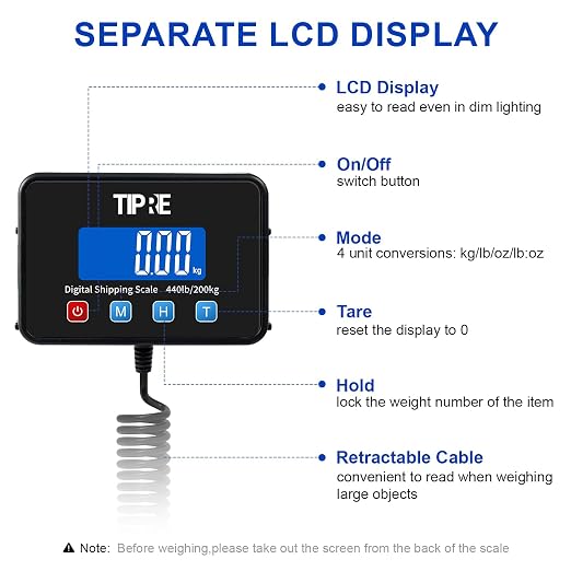 TIPRE Shipping Scale 440lbs for Packages,Lightweight Carbon Fibre Heavy Duty Digital Postal Scale,0.5 oz High Accuracy Commercial Scale with Charging Cable & Batteries for Small Business,Warehouse - Image 3