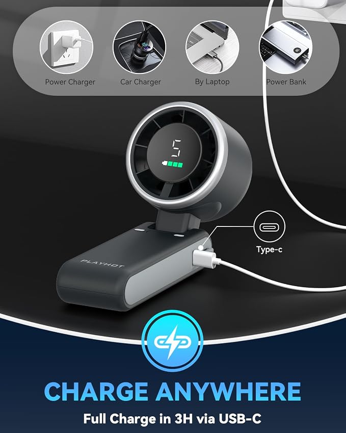 PlayHot Portable Handheld Turbo Fan, Travel Essentials, Gifts for Women/Men | 5-Speed, Up to 12H, 10m/s Airflow, USB-C Rechargeable, LED Display, 3-in-1 Foldable Personal Fan for Cruise, Beach, Vacation - Image 7