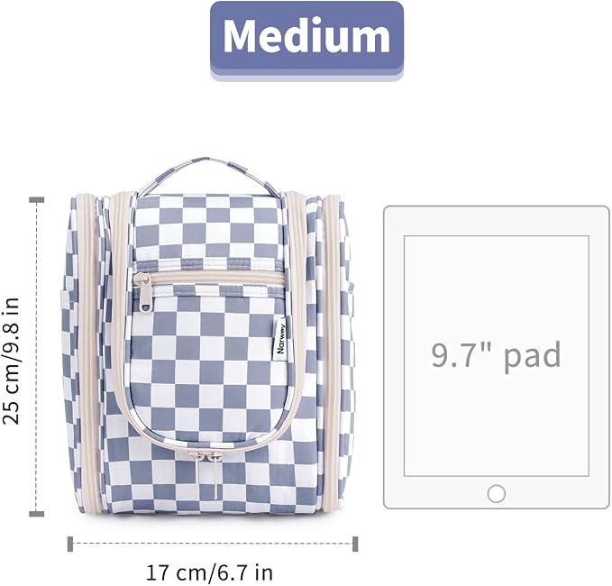 Narwey Small Checkered Hanging Travel Toiletry Bag for Women, Travel Bag for Toiletries, Makeup Bag Organizer Cosmetic Bags Make Up Bags for Women (Grayish Blue Checkerboard) - Image 7