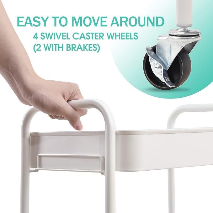 TOOLF 3 Tier Metal Rolling Cart, Utility Storage Cart with Wheels, White | Screwless Assembly, Lockable Metal Wheels, Trolley Organizer for Bathroom, Kitchen, Office, Dorm, Laundry, Craft Room - Image 3