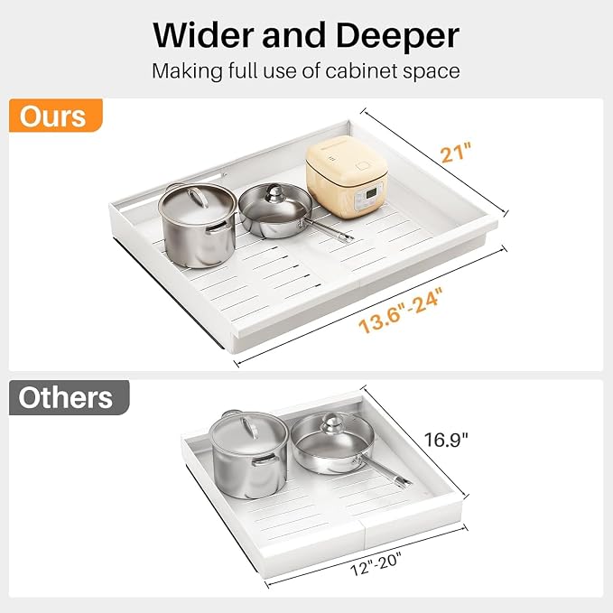 Pull out Cabinet Organizer, 4-Pack Expandable(13.6"-24") Silde out Drawers with Raising Pad for Framed Cabinets, Adjustable Full-Extension Adhesive Roll out Shelves for Kitchen Pantry Home Pot and Pan - Image 2