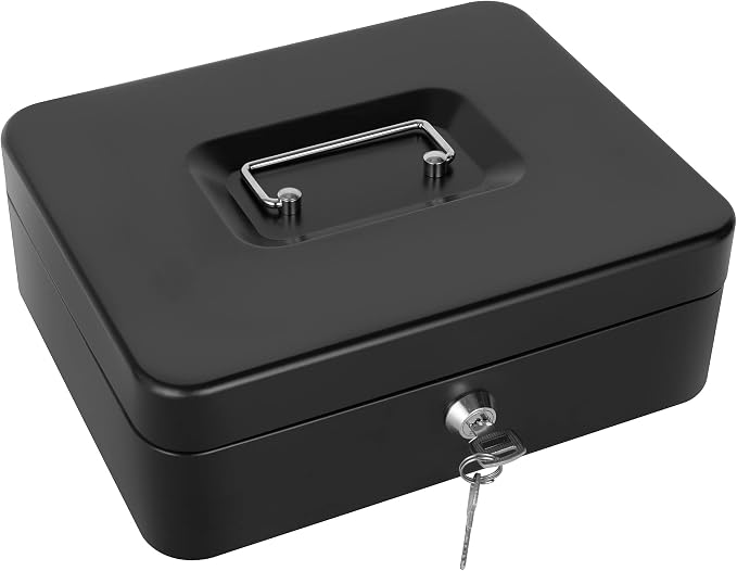 Cash Box with Lock and Money Tray Metal Money Box Large Cash Lock Box for Money 9.84" x 7.87" x 3.54" Black Larger by Crinwaki
