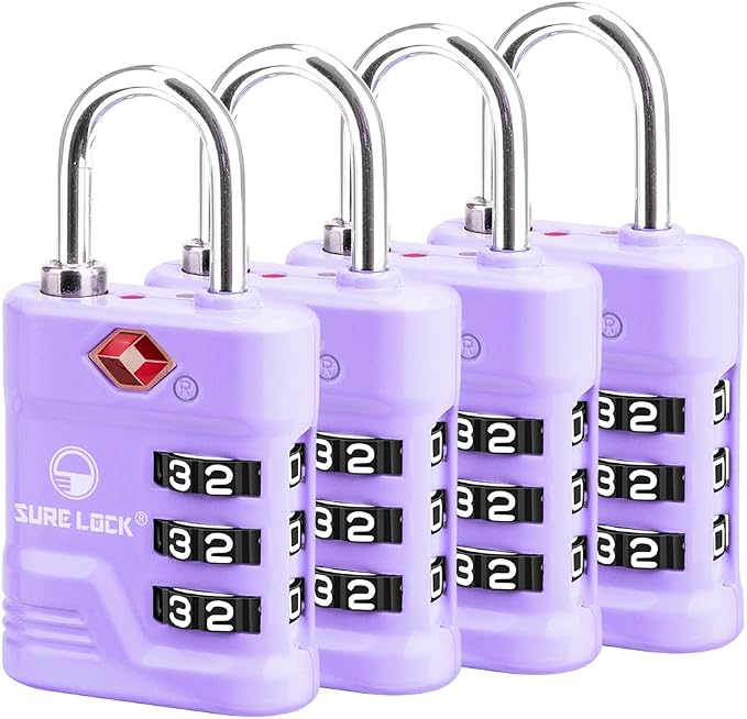 SURE LOCK TSA Approved Luggage Lock – 3-Digit Resettable Combination Padlock with Open Alert Red Dot, Large Easy-Read Dials for Suitcases, Backpacks, Gym & School Lockers (Purple 4 pk) by Hopeyoucanstaysafe