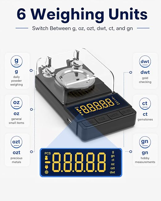 Digital Milligram Scale 50g/0.001g, Compact Mg Scale, 2 x 20g Weights | Black Powder Scale for Reloading, 6 Units, Tare, Counting, USB/Battery Powered, for Jewelry, Gold, and other micro items - Image 4