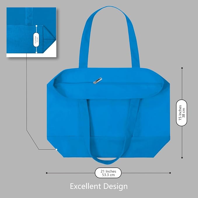 TOPDesign 3-Pack Canvas Tote Bags with an External Pocket, Reusable Grocery Shopping Bags, Top Zipper Closure, Daily Essentials (Ocean Blue) - Image 5