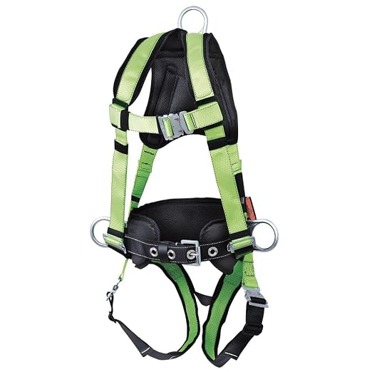 Peakworks Fall Protection Full Body Padded Safety Harness with Back Support, Positioning Belt, Back & Side D-Rings, Stab Lock Buckles, Hi Vis Green/Black, Medium, V8255622 by PeakWorks