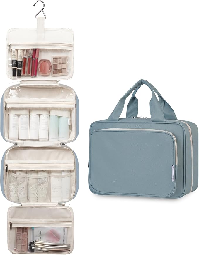 Narwey Travel Toiletry Bag for Women Large Hanging Makeup Bag Organizer Toiletries Bag for Full Size Essentials Accessories Cosmetics (Greyish Blue (Large)) - Image 4