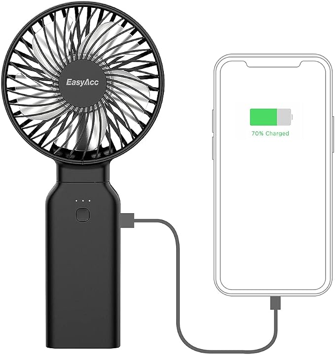 EasyAcc Portable Travel Fan [Max 53H Cooling Time] 9000mAh Rechargeable Battery Powered Handheld Fan with Power Bank 4 Speeds Powerful Personal Desk Electric for Travel Outdoor Office by EasyAcc