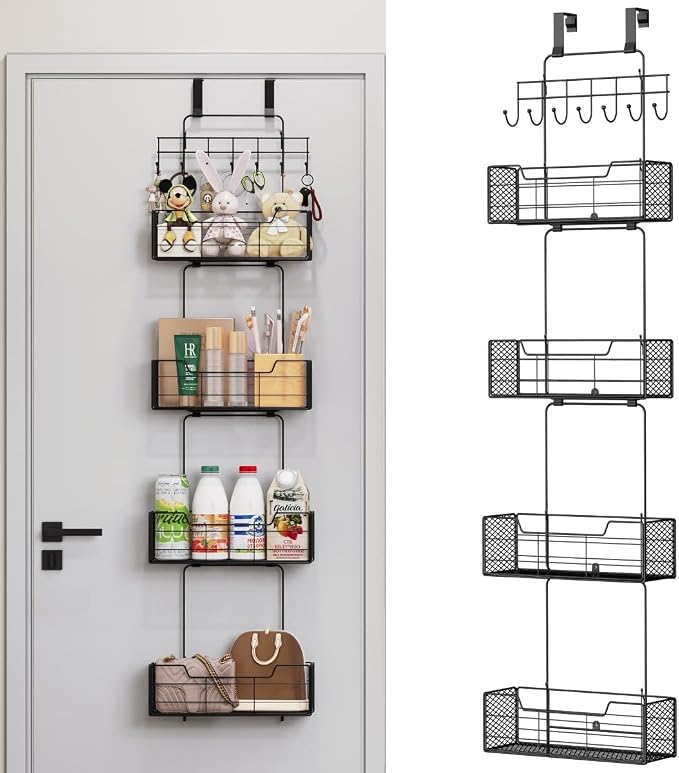 Over The Door Organizer Storage with 4 Metal Large Capacity Baskets | Adjustable Hooks, Behind Door Storage, For Bedroom Bathroom Kitchen Office Pantry Closet by HISKIWUU