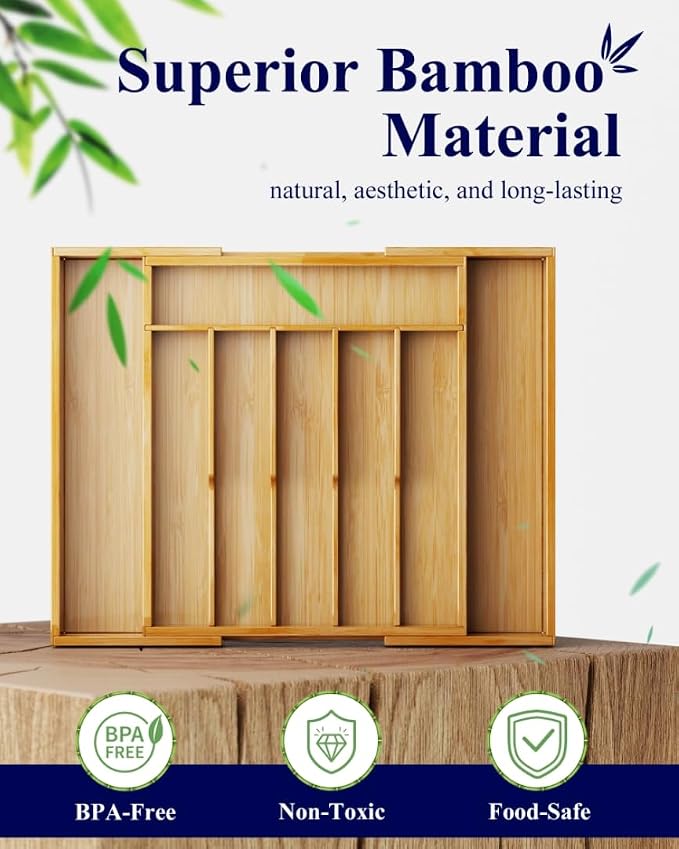 Kitsure Silverware Organizer, Bamboo Kitchen Drawer Tray, Natural, Large | Expandable Drawer Kitchen Organizer, Cooking Utensils & Cutlery, Sturdy & Thickened Design, Storage Solution - Image 2