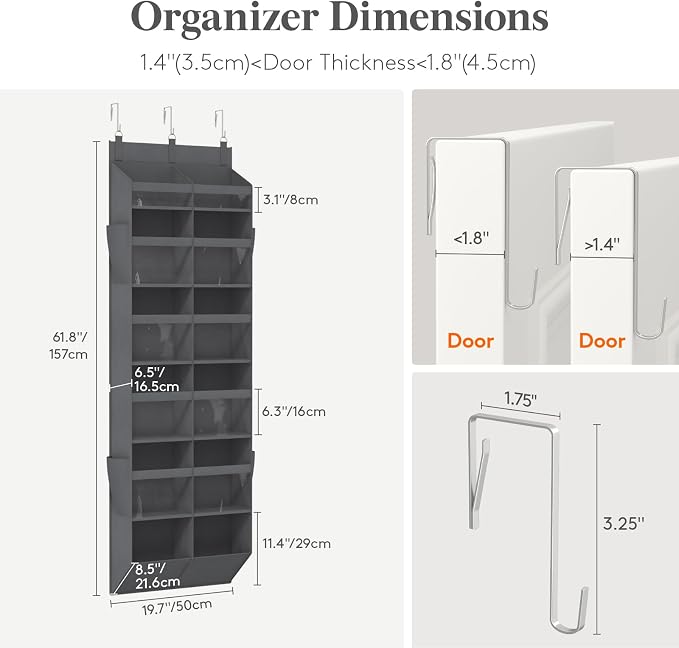 Lifewit 1 Pack Over the Door Organizer, 12 Section Clear Window Hanging Storage with 4 Side Pockets, Sturdy Anti Tilt 40 lbs Load Behind Door for Closet, Bedroom, Bathroom, Nursery, Dorm, Dark Gray - Image 2