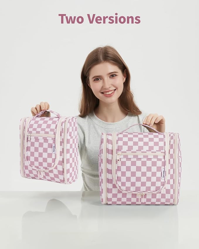 Narwey Small Checkered Hanging Travel Toiletry Bag for Women, Travel Bag for Toiletries, Makeup Bag Organizer Cosmetic Bags Make Up Bags for Women (Dusty Rose Checkerboard) - Image 8