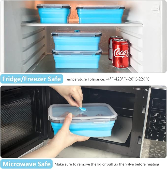 Collapsible Food Storage Containers with Airtight Lid & Air Vent, 40.5 oz, Kitchen Stacking Silicone Collapsible Meal Prep Container Set for Leftover, Microwave Freezer Dishwasher Safe, Blue, Set of 4 - Image 7