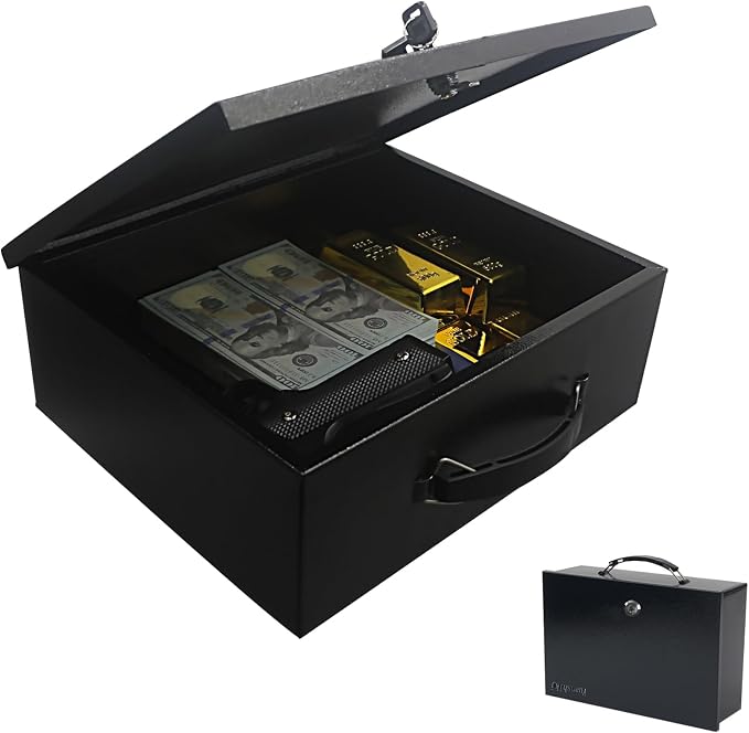 Yuanshikj Fireproof Key Lock Steel Security Safe Box, 0.38 Cu Ft, Black | Portable,Fire Resistance,13.2" W x 11" D x 4.5" H,With Carrying Handle, for Personal Items, Documents,Cash,Jewelry, Money by Yuanshikj