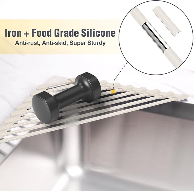 Tomorotec Triangle Roll Up Dish Drying Rack with Silicone Coating, White | 304 Stainless Steel with BPA-Free Silicone, Triangle Design Maximizes Sink Corner Space, Fits Compact Kitchens And RVs - Image 3