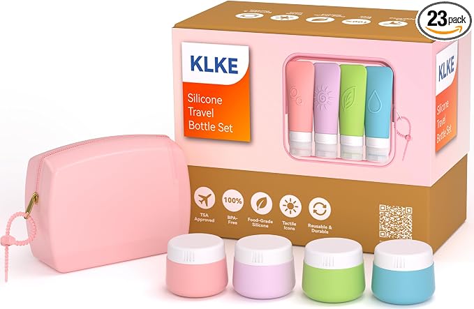 23 Pcs Travel Bottles for Toiletries,Travel Containers for Toiletries | 23-Piece Silicone Travel Bottles Set, TSA Approved Leakproof Toiletry Kit with 2 Bags, Squeeze Bottles, Jars, Pump & Spray by KLKE