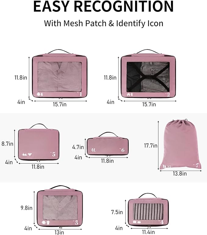 ECOHUB 7 Set Packing Cubes Tear-Resistant Luggage Packing Organizers with Number Icon for Travel Accessories Luggage Suitcase Machine Washable Packing Cubes (Pink) - Image 6