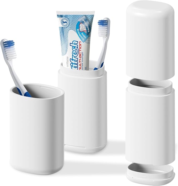 Travel Toothbrush Case - Portable Toothbrush Holder with Mouthwash Cup, Compact Large Capacity Toothpaste Organizer for Travel/Camping/School (White) by FOTINOR