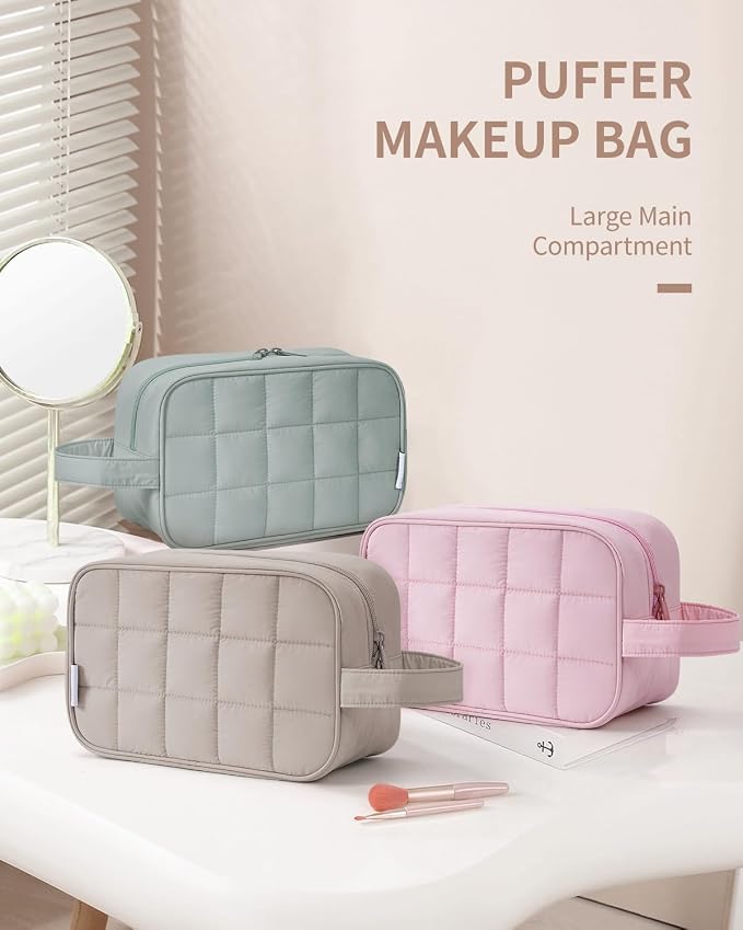 Narwey Quilted Makeup Bag Puffy Make up Bag Cosmetic Bag Organizer, Puffer Travel Toiletry Bag for Traveling Women Girl, Travel Bag for Toiletries, Skincare Medicine Bags (Khaki) - Image 7