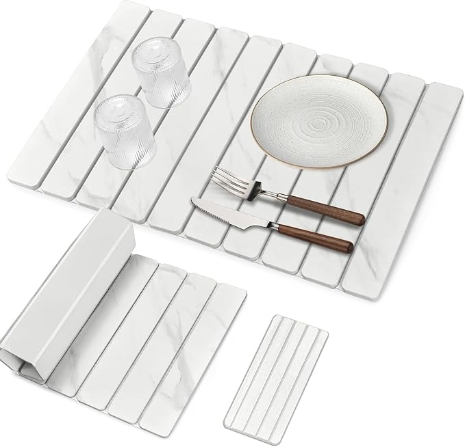 Large Stone Dish Drying Mats for Kitchen Counter, Quick Dry Dish Drying Mats, Foldable Absorbent Diatomaceous Earth Mats for Dishes Cups, Match Any Countertop (24"×16" & 8"x4" White Marble ) by Lprmnnc