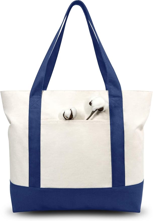 TOPDesign 30-Pack Canvas Tote Bags with an External Pocket, Reusable Grocery Shopping Bags, Top Zipper Closure, Daily Essentials (Blue/Natural) by TOPDesign
