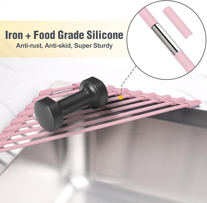 Tomorotec Triangle Roll Up Dish Drying Rack with Silicone Coating, Pink | 304 Stainless Steel with BPA-Free Silicone, Triangle Design Maximizes Sink Corner Space, Fits Compact Kitchens And RVs - Image 3