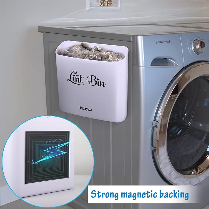 Picowe Magnetic Laundry Storage, Large Lint Holder Bin for Laundry Room, Space-Saving Trash Container Hanging on Dryer, Washer or Wall Mount (Gray White) - Image 3