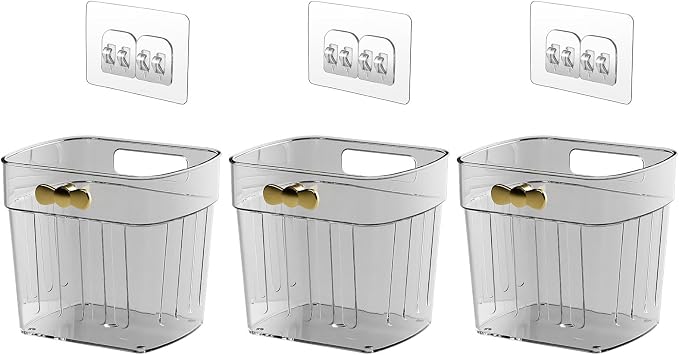 3 Pack Adhesive Cabinet Door Organizer, Kitchen Under Sink Organizer Caddy, Clear Plastic Storage Bins for Pantry Door, Wall Storage Basket, Hanging Makeup Organizer Floating Shelf for Bathroom - Image 2