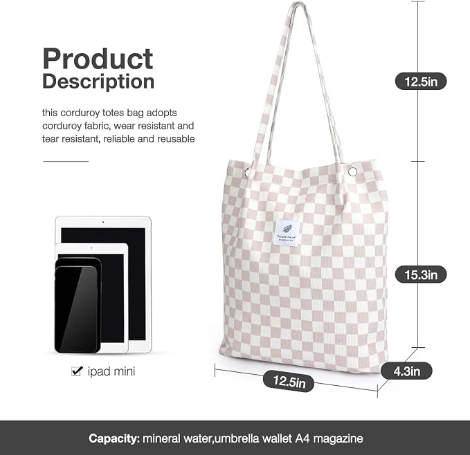 LHMTQVK Corduroy Tote Bags for Women, Large Capacity Tote Purse Reusable Grocery Shoulder Bag with Inner Pockets - Image 3