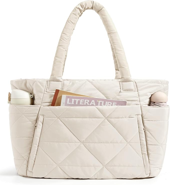 BAGSMART Tote Bag for Women, Puffer Tote Bag with Zipper, Large Quilted Shoulder Bag with Compartments for Travel, Work, Gym by BAGSMART