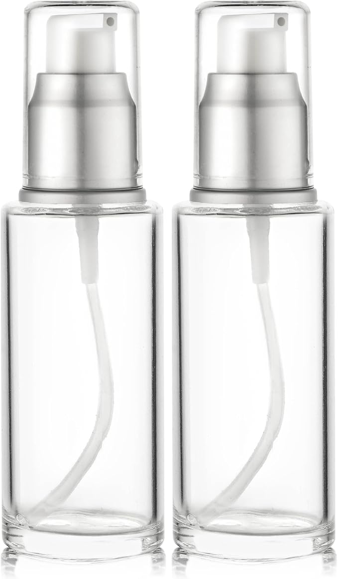 1.7 Oz 50ml Refillable Luxury Clear Glass Lotion Travel Pump Bottle with Silver Cap for Cosmetics, Lotion, Body Cream, Sanitizers, Cream, Foundation (Pack of 2) | Silver Cap, Luxury, Serum, Foundation, Body Cream, Sanitizer, Cosmetics, Travel by Vitalup