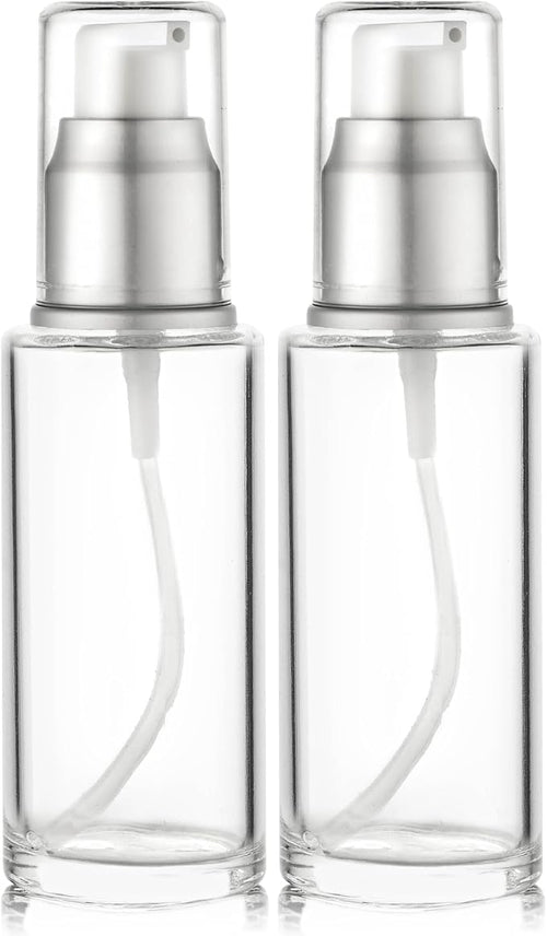 1.7 Oz 50ml Refillable Luxury Clear Glass Lotion Travel Pump Bottle with Silver Cap for Cosmetics, Lotion, Body Cream, Sanitizers, Cream, Foundation (Pack of 2) | Silver Cap, Luxury, Serum, Foundation, Body Cream, Sanitizer, Cosmetics, Travel by Vitalup