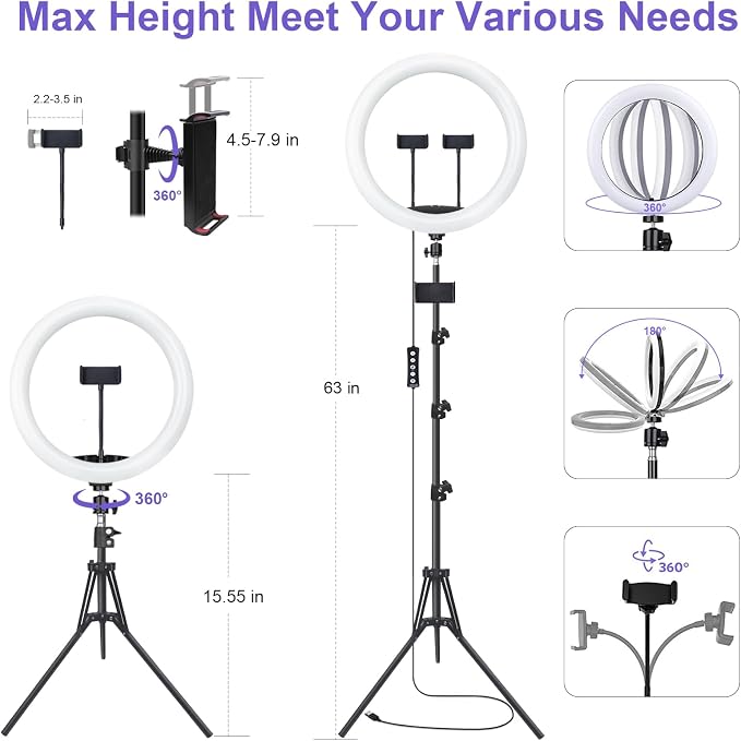 13" Selfie Ring Light with 76" Tripod Stand & 3 Phone Holder, LED Camera Ringlight with 48 RGB Colors Modes & Musical Rhythm Mode and 12 Brightness Dimmable for Makeup/Photography/Videos/Vlog/TikTok - Image 6