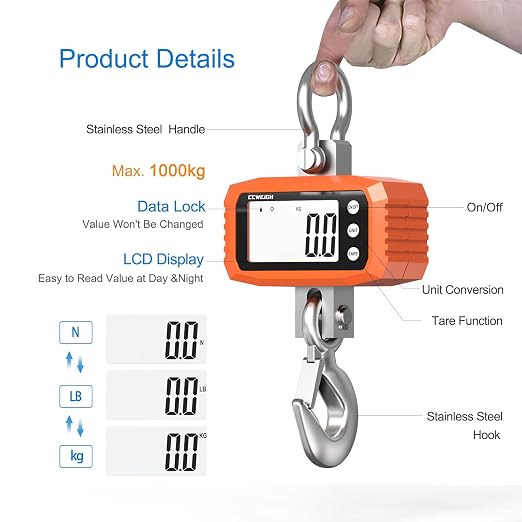 1000kg Digital Crane Scale & Hanging Scale - Aluminium House Stainless Steel Handle| Multi-Use for Gym, Hunting, Travel (Luggage), Farming, Fishing | High-Precision LCD Display, Orange - Image 5