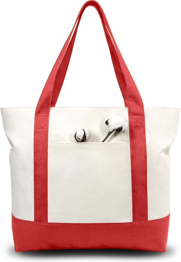 TOPDesign 3-Pack Canvas Tote Bags with an External Pocket, Reusable Grocery Shopping Bags, Top Zipper Closure, Daily Essentials (Red/Natural) by TOPDesign