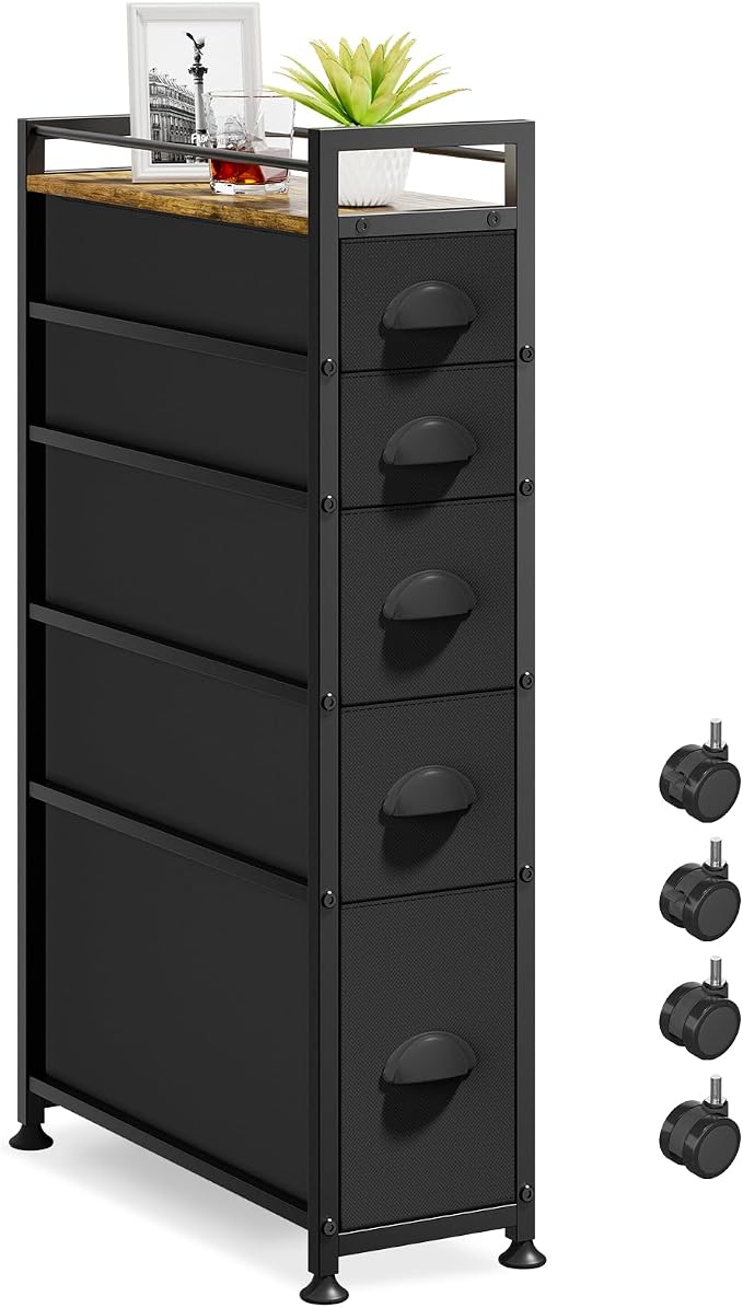 LASZOLA Narrow Cabinet Slim Storage Cart for Bathroom Small Space, Black | 5 Tiers Skinny Rolling Organizer Shelf with Sturdy Fabric Drawers, Lightweight Mobile on Wheels, Between Washer and Dryer by LASZOLA