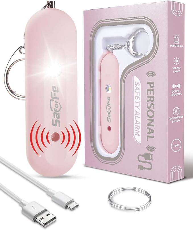 Personal Safety Alarm for Women - Waterproof Rechargeable Security Alarm - 140dB Extra Loud Siren with SOS Strobe Light - Self Defense Keychain for Women Girls Teens Seniors(Pink) by Unknown