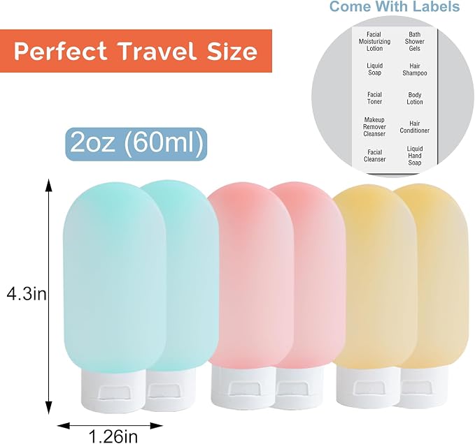 Travel Bottles for Toiletries 6 Pack, Leakproof 2 oz Tsa Approved Travel Size Containers, BPA Free Plastic Shampoo and Conditioner Bottles, Camping Travel Essentials (Multicolor - B) - Image 3