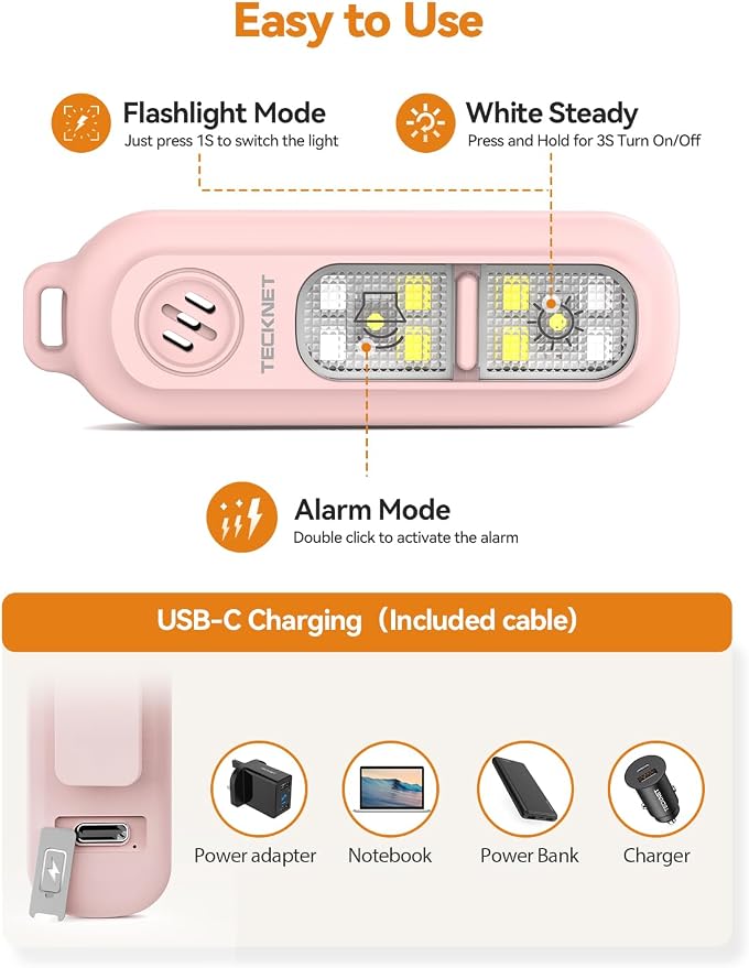 TECKNET Personal Safety Alarm 135dB with SOS Strobe Light for Women - Rechargeable& IPX4 Waterproof Running Lights with Clip On Torch & Low Battery Notice, Safety Siren for Running Travel Kids, Pink - Image 6